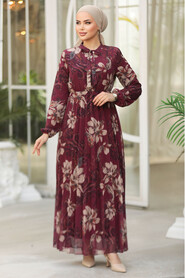 Modest Claret Red Chiffon Floral Dresses 50355BR - 1