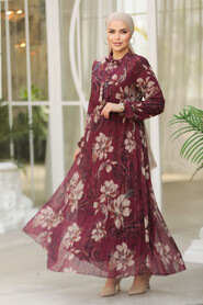 Modest Claret Red Chiffon Floral Dresses 50355BR - 2