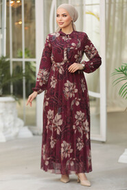 Modest Claret Red Chiffon Floral Dresses 50355BR - 3