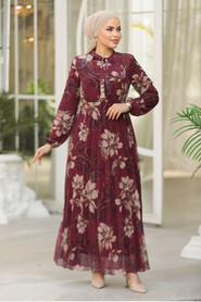 Modest Claret Red Chiffon Floral Dresses 50355BR - 4