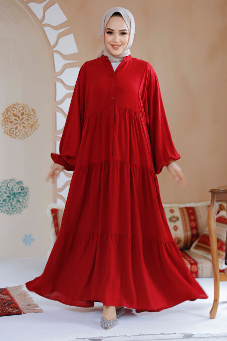 Modest Claret Red Dress For Women 20612BR - NEVA STYLE