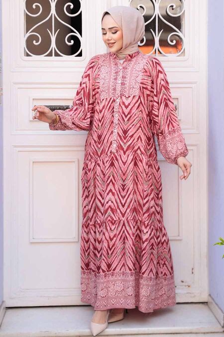Modest Claret Red Eid Dress 18243BR - NEVA STYLE