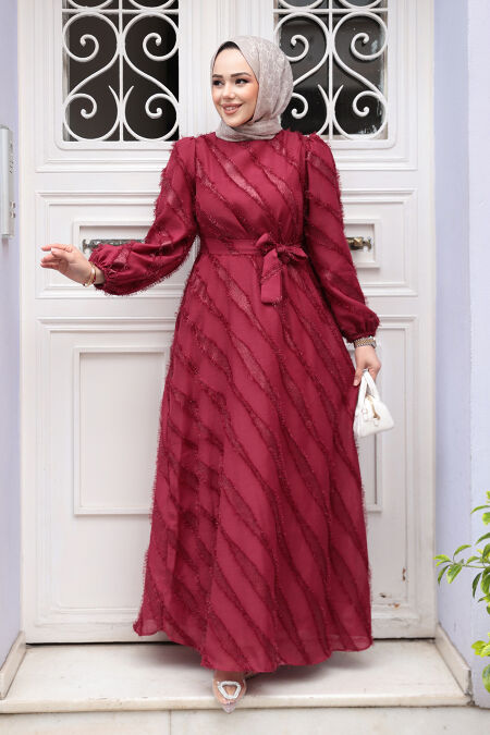Modest Claret Red Eid Dress 23262BR - NEVA STYLE