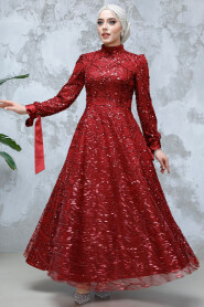 Modest Claret Red Elegant Evening Gown 4908BR - 2