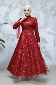 Modest Claret Red Elegant Evening Gown 4908BR - 3