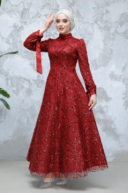 Modest Claret Red Elegant Evening Gown 4908BR - NEVA STYLE