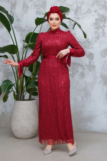 Modest Claret Red Engagement Gown 4891BR - NEVA STYLE