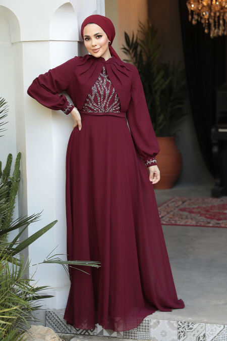 Modest Claret Red Evening Gown 25886BR - NEVA STYLE