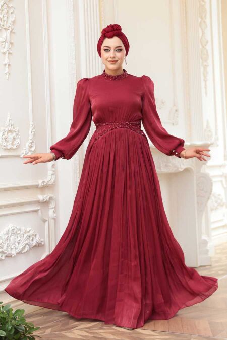 Modest Claret Red Evening Gown 52751BR - NEVA STYLE