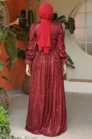 Modest Claret Red Evening Gown With Long Sleeve 44961BR - 3
