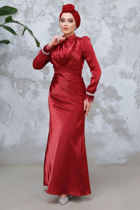 Modest Claret Red Evening Long Dress 50481BR - NEVA STYLE