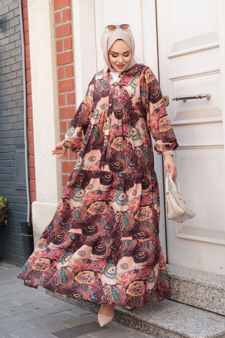 Modest Claret Red Floral Dress 19037BR - NEVA STYLE