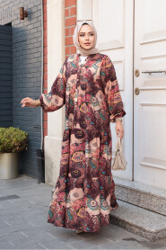 Modest Claret Red Floral Dress 19037BR - 2
