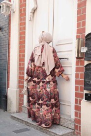 Modest Claret Red Floral Dress 19037BR - 3
