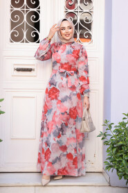 Modest Claret Red Floral Dress 27990K - 1