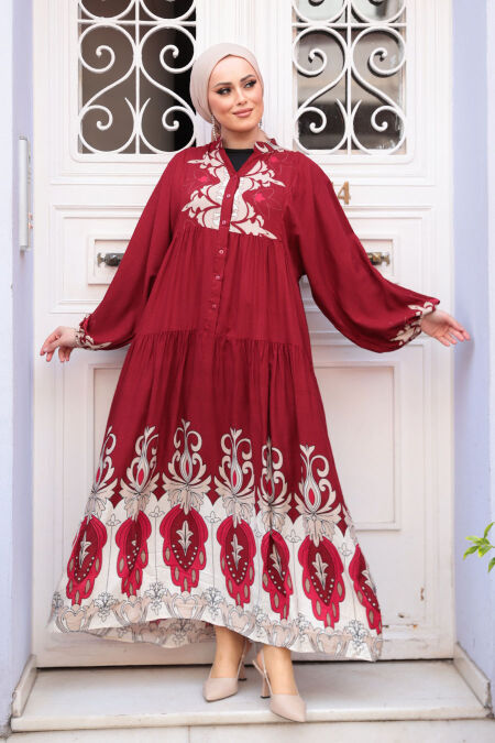 Modest Claret Red Floral Dress 32162BR - NEVA STYLE