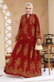 Modest Claret Red Floral Long Sleeve Dress 18241BR 