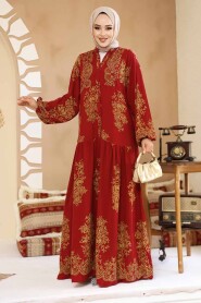 Modest Claret Red Floral Long Sleeve Dress 18241BR - 2