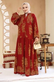 Modest Claret Red Floral Long Sleeve Dress 18241BR - 4