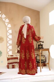 Modest Claret Red Floral Long Sleeve Dress 18241BR - 3