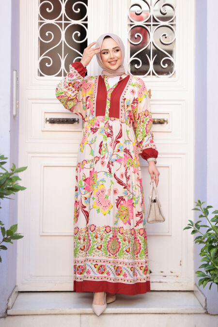 Modest Claret Red Flower Dress 24012BR - NEVA STYLE