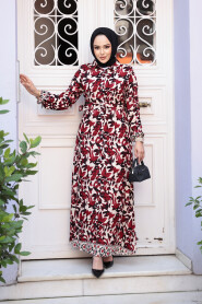 Modest Claret Red Flower Summer Dress 24081BR 