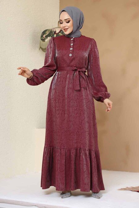 Modest Claret Red Jacquard Dress 23891BR - NEVA STYLE