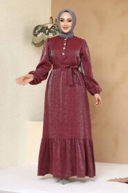 Modest Claret Red Jacquard Dress 23891BR - 2