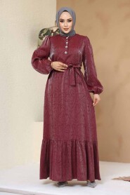 Modest Claret Red Jacquard Dress 23891BR - 3