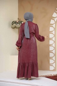 Modest Claret Red Jacquard Dress 23891BR - 4