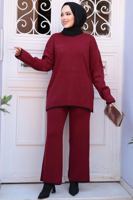Modest Claret Red Knitwear Dual Suit 50174BR - NEVA STYLE