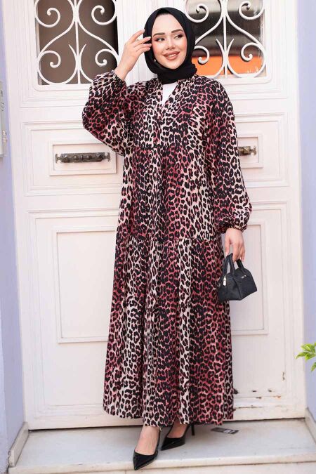 Modest Claret Red Leopard Dress 52942BR - NEVA STYLE