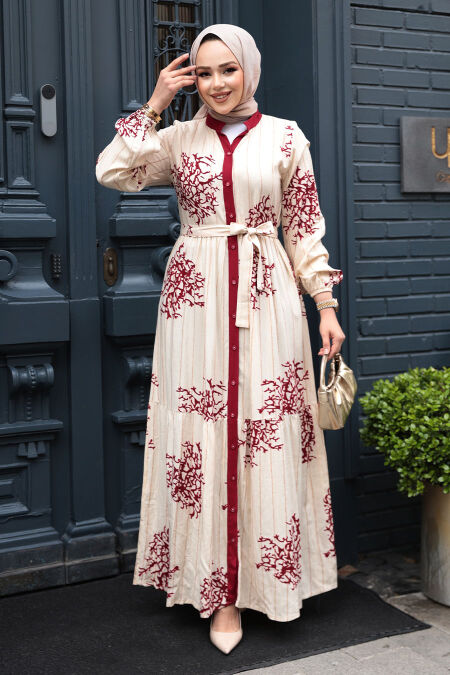 Modest Claret Red Long Dress 23925BR - NEVA STYLE