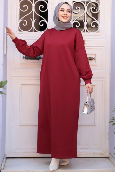 Modest Claret Red Long Sleeve Dress 23641BR - NEVA STYLE