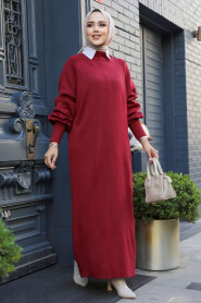 Modest Claret Red Long Sleeve Knitwear Dress 100013BR - 1