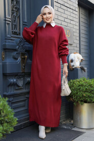 Modest Claret Red Long Sleeve Knitwear Dress 100013BR - 2