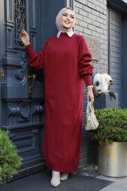 Modest Claret Red Long Sleeve Knitwear Dress 100013BR - 3