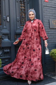 Modest Claret Red Maxi Dress 19040BR - 3