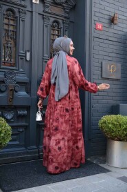 Modest Claret Red Maxi Dress 19040BR - 4