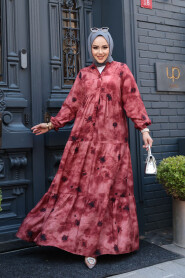 Modest Claret Red Maxi Dress 19040BR - 1