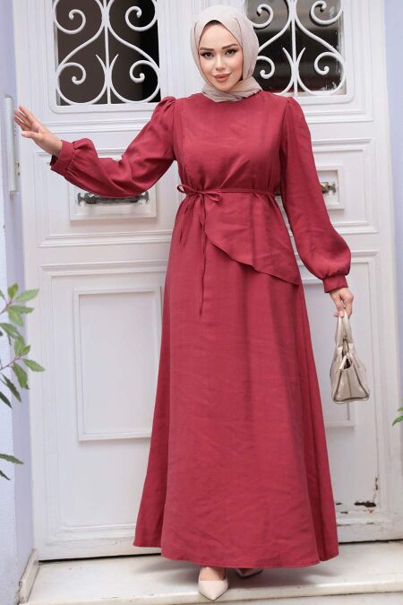 Modest Claret Red Pastel Dress 19042BR - NEVA STYLE