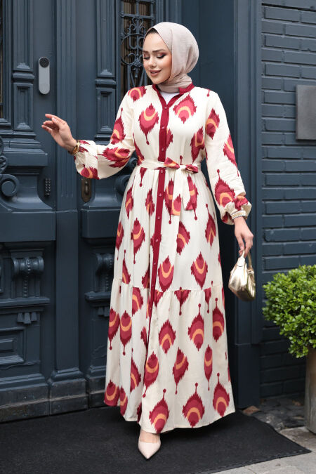 Modest Claret Red Pastel Dress 23926BR - NEVA STYLE