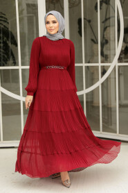 Modest Claret Red Ruffle Dress 44761BR - 1