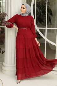 Modest Claret Red Ruffle Dress 44761BR - 2