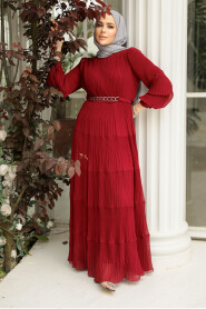 Modest Claret Red Ruffle Dress 44761BR - 3