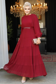 Modest Claret Red Ruffle Dress 44761BR - 2