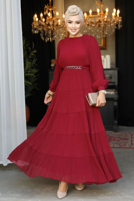 Modest Claret Red Ruffle Dress 44761BR - NEVA STYLE
