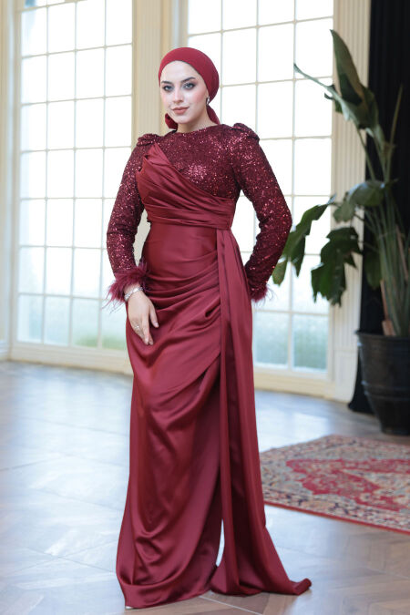 Modest Claret Red Satin Engagement Dress 52151BR - NEVA STYLE