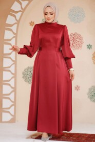 Modest Claret Red Satin Evening Dress 61651BR 