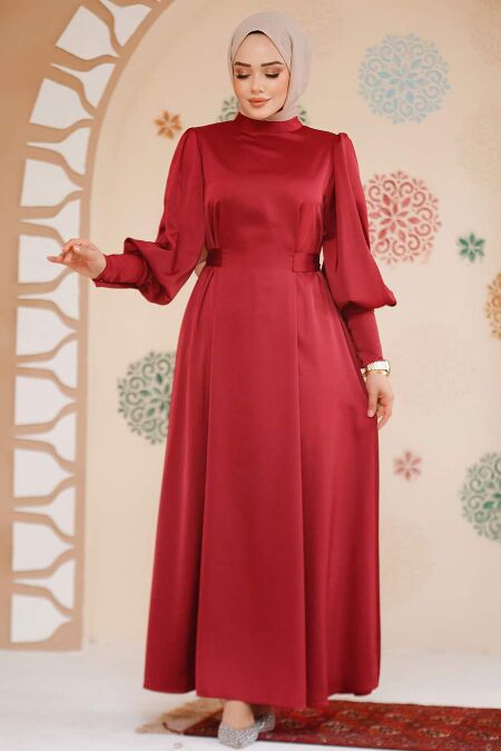 Modest Claret Red Satin Evening Dress 61651BR - NEVA STYLE